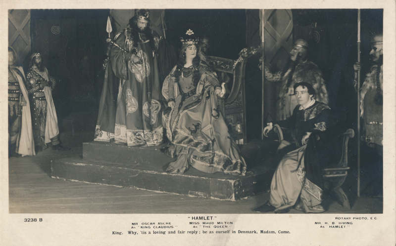 Oscar Asche as Claudius, Maud Milton as Gertrude, and H. B. Irving as Hamlet in "Hamlet"